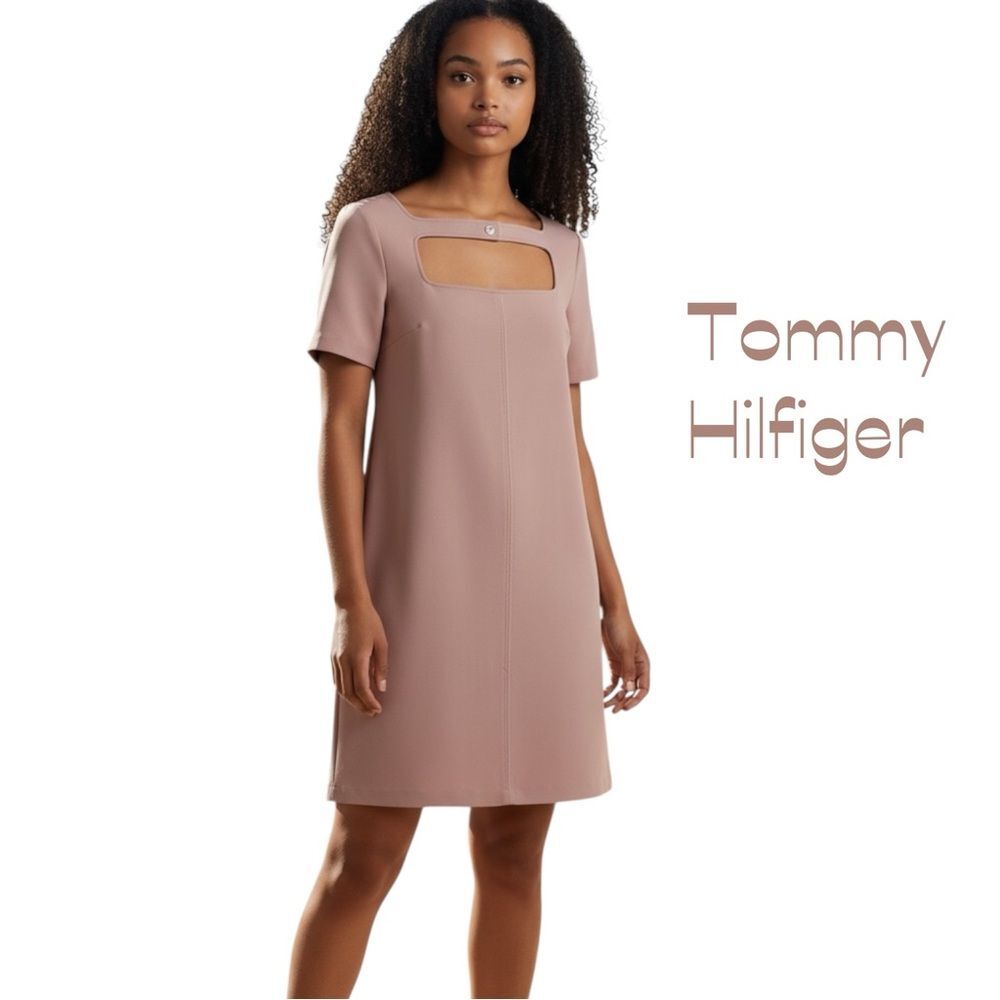Tommy Hilfiger Dusty Rose Cutout Shift Dress Size 14 Cocktail Short Sleeve Chic